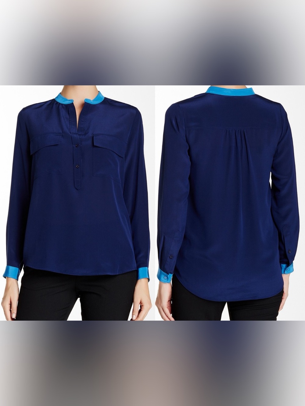 Vince 100% Silk Navy Blouse with Bright Blue Collar and Cuffs